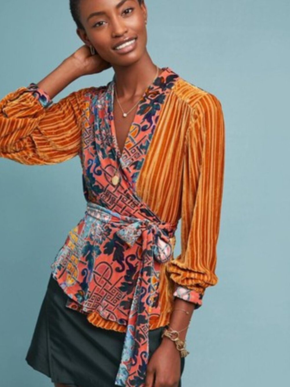 Anthropologie Moulinette Soeurs Velvet Wrap Top Small Mixed Print Boho Y2K Blous